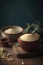 Raw dry millet. Millet uncooked grains in a bowl on a table. Healthy food