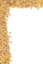 Raw, dry, uncooked brown lentil legumes frame border texture background flat lay top view from above