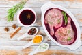 Raw duck legs preparing for roasting marinated in mulled wine Royalty Free Stock Photo