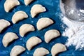 Raw dumpling with potatoes. Preparation dumplings on a blue background Royalty Free Stock Photo