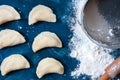 Raw dumpling with potatoes. Preparation dumplings on a blue background Royalty Free Stock Photo