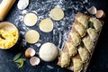 Raw dumpling. Preparation dumplings with potatoes. On dark rustic background. Top views, close-up
