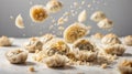 Raw dumplings, dough and filling are flying on a white background.