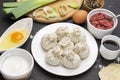 Raw dumplings on plate. Ingredients for making dumplings Royalty Free Stock Photo