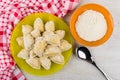 Raw dumplings in plate, napkin, bowl with flour, spoon