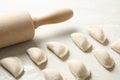 Raw dumplings and rolling pin on light background, closeup. Process