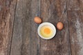 Raw egg in a bowl selective focus on wooden table Royalty Free Stock Photo