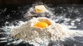 Raw egg and butter falling into a heap of flour on black background. Dynamic photo with texture. Holiday baking pastry making