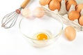 Raw egg in glass bowl on white background with eggs in tray and whisk Royalty Free Stock Photo