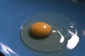 A raw egg inside a blue plate.