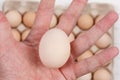 Raw egg in the male palms on the background of a carton of eggs
