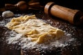 Raw egg pasta with flour and a rolling pin Royalty Free Stock Photo