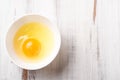 Raw egg in a plate on a white wooden background Royalty Free Stock Photo