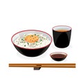 raw egg with rice and hot tea