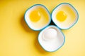 Raw egg & yellow yolk in three bowls