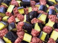 Raw eggplant and minced meat cubes arranged for a traditional casserole Royalty Free Stock Photo