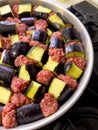 Raw eggplant and minced meat cubes arranged for a traditional casserole Royalty Free Stock Photo