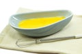 Raw eggs bowl and whisk on cloth Royalty Free Stock Photo