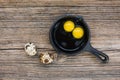 Raw eggs in pan on old wooden background