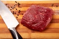 Raw Entrecote steak meat With Pepper and Salt On Wooden Board in a kitchen with a knife isolated on white