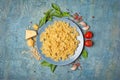 Raw farfalle pasta with ingredients for pesto sauce Royalty Free Stock Photo