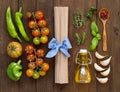 Raw fettucce pasta, vegetables, herbs and olive oil Royalty Free Stock Photo