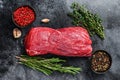 Raw fillet Tenderloin beef meat for steaks with thyme and rosemary. Black background. Top view