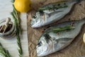 Raw fish cooking and ingredients. Dorado, lemon, herbs and spices.