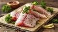 Raw Fish Fillet Enhanced with Fragrant Parsley, Presented on Wood Royalty Free Stock Photo