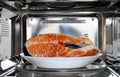 Raw fish in plate defrosting using microwave oven Royalty Free Stock Photo