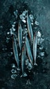 Raw fish saira on ice on a black stone background. Seafood. Royalty Free Stock Photo
