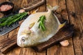 Raw fish Sunfish or pompano on a wooden board. wooden background. Top view Royalty Free Stock Photo