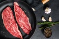 Raw flank steak in a pan. Marble beef black Angus. Black background. Top view