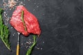 Raw Flat iron steak with rosemary and pink salt. Fresh Marble beef meat black Angus. Black background. Top view. Copy space Royalty Free Stock Photo