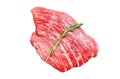 Raw Flat iron steak with rosemary and pink salt. Fresh Marble beef meat black Angus. Isolated on white background. Top