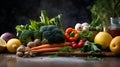 Raw food concept. Assortment of raw vegetables on a wooden cutting board on dark background. Composition with assorted raw organic Royalty Free Stock Photo