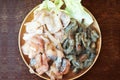 Closeup of Fresh squid, pacific white shrimp and fish Royalty Free Stock Photo