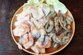 Closeup of Fresh squid, pacific white shrimp and fish Royalty Free Stock Photo