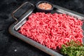 Raw Forcemeat , Mince Ground beef and pork in a kitchen tray. Black background. Top view
