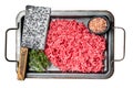 Raw Forcemeat , Mince Ground beef and pork in a kitchen tray. Isolated, white background.