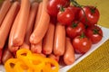 Raw frankfurter sausages on white plate Royalty Free Stock Photo