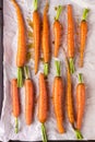 Raw Freah Carrots with Olive Oil and Spices Lying on Baking Tray Ready to Cook Top View Horizontal Healthy Diet Organic Food