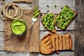 Raw, fresh alkaline food with avocado and peas pesto sandwich Royalty Free Stock Photo