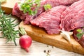 Raw, fresh beef meat with spices, seasoning ready for baking - roasting Royalty Free Stock Photo