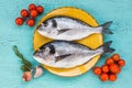 Raw fresh dorado fish on plate and vegetables on blue background. Top view. Royalty Free Stock Photo