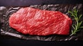 Raw fresh entrecote meat from ribeye steak on paper with spices and rosemary. Dark background. Generative AI