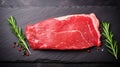 Raw fresh entrecote meat from ribeye steak on a stone board with spices and rosemary. Dark background. Generative AI
