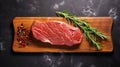 Raw fresh entrecote meat from ribeye steak on a wooden board with spices and rosemary. Dark background. Generative AI