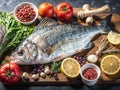 Raw fresh fish with ingredients for cooking on a dark background, top view