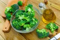 Raw green broccoli pieces in glass bowl, vegetarian food